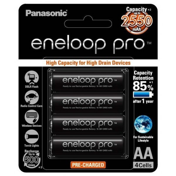 רביעיית סוללות AA נטענות תוצרת  Panasonic Eneloop סדרה PRO